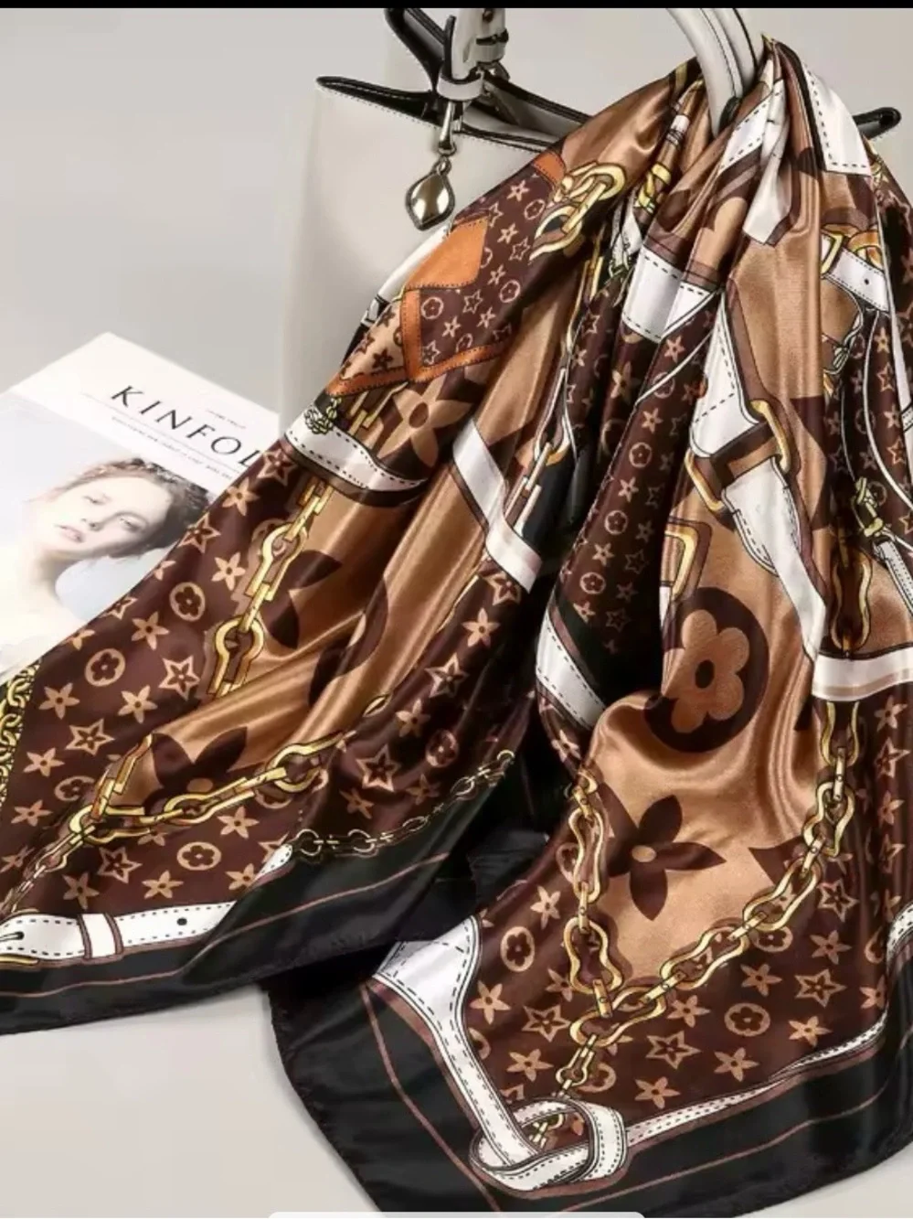 Designer-Inspired Brown Satin Chain & Monogram Scarf - Women Accessories